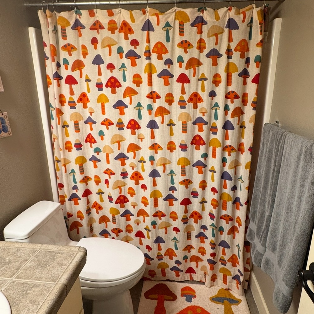 Urban Outfitters Colorful Mushroom Patterned Curtain and Rug